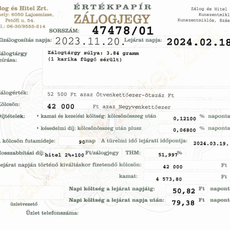 Z-47478 sz. zálogjegy