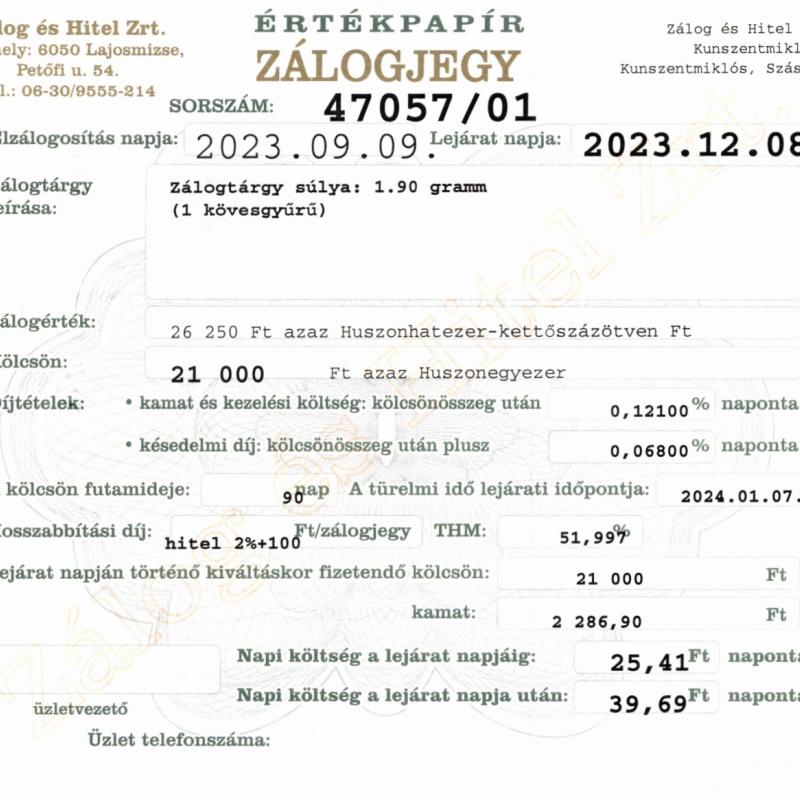 Z-47057 sz. zálogjegy