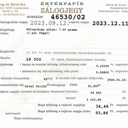 Z-46530 sz. zálogjegy