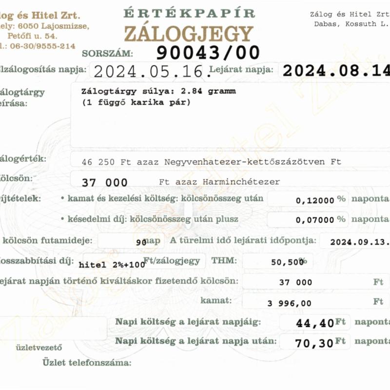 D-90043 sz. zálogjegy