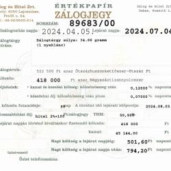 D-89683 sz. zálogjegy