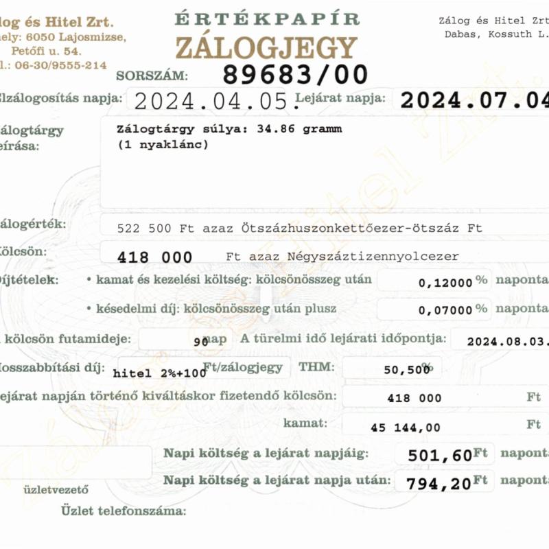 D-89683 sz. zálogjegy