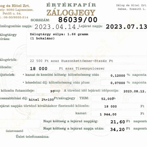 D-86039 sz. zálogjegy