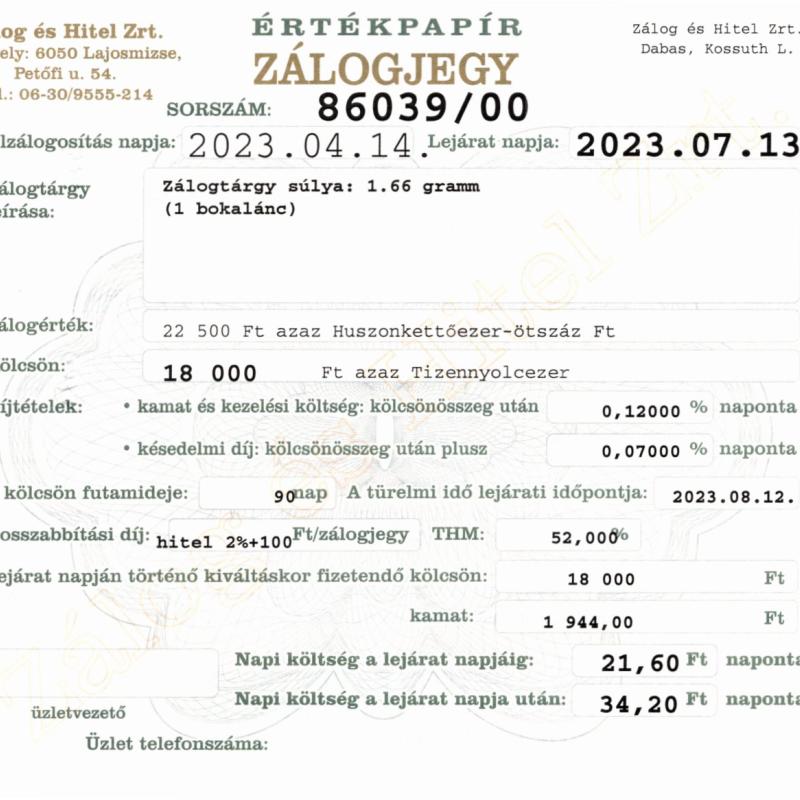 D-86039 sz. zálogjegy