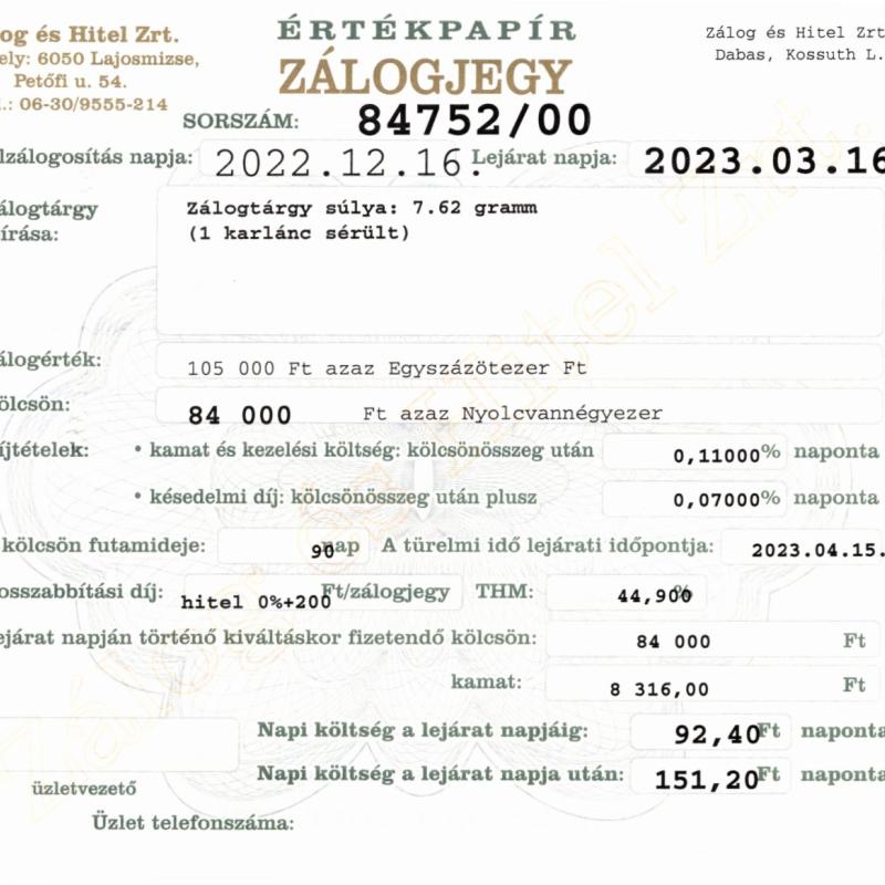 D-84752 sz. zálogjegy