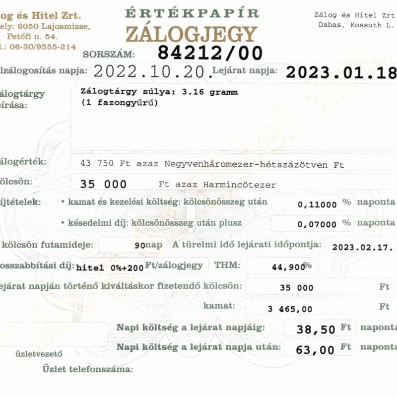 D-84212 sz. zálogjegy