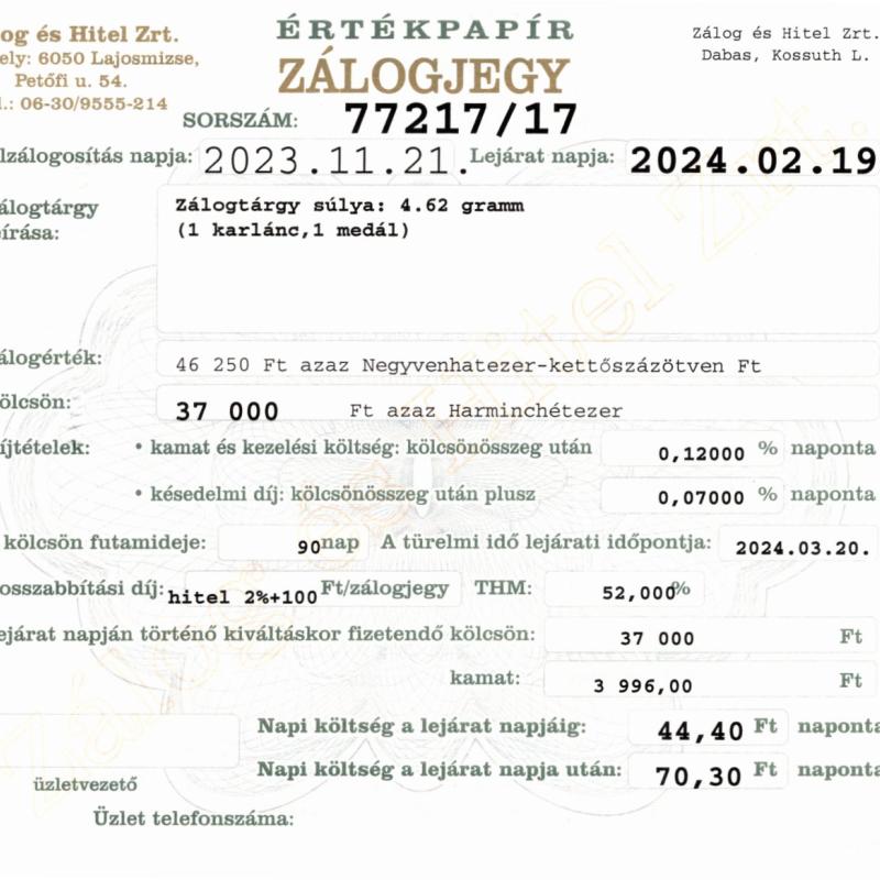 D-77217 sz. zálogjegy