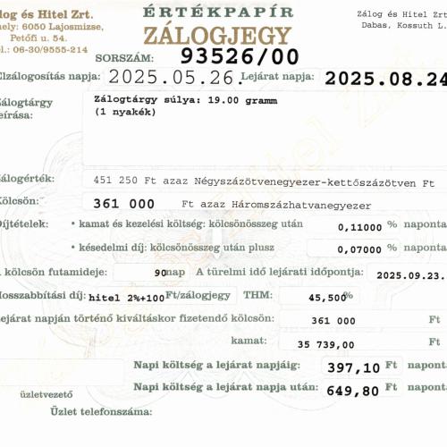 D-93526  sz. zálogjegy