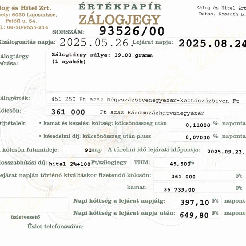 D-93526  sz. zálogjegy