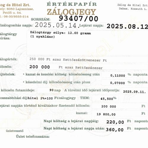 D-93407 sz. zálogjegy