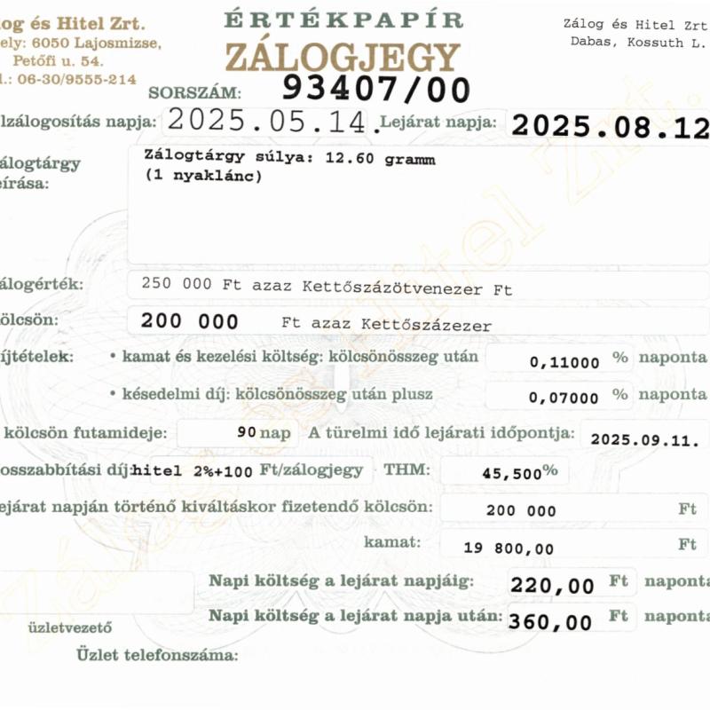D-93407  sz. zálogjegy