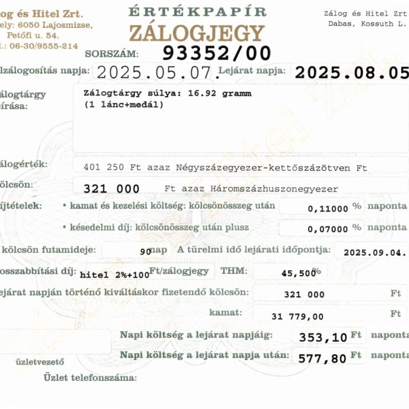 D-93352  sz. zálogjegy