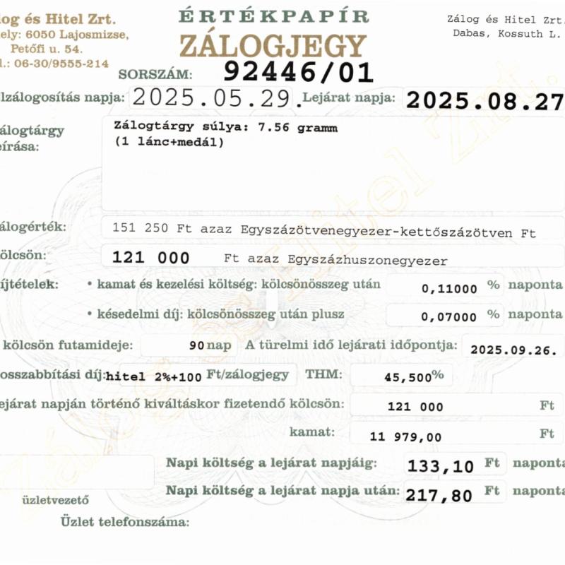 D-92446  sz. zálogjegy