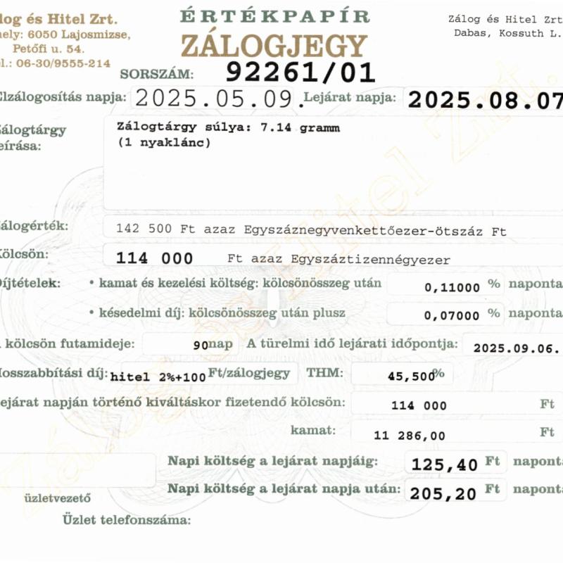 D-92261  sz. zálogjegy