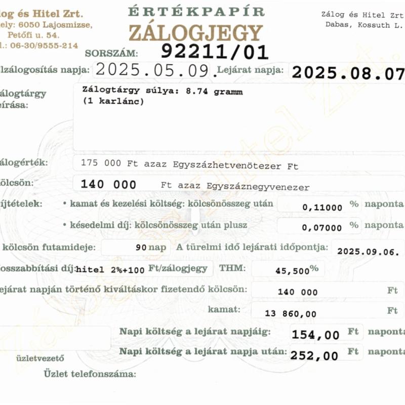 D-92211  sz. zálogjegy