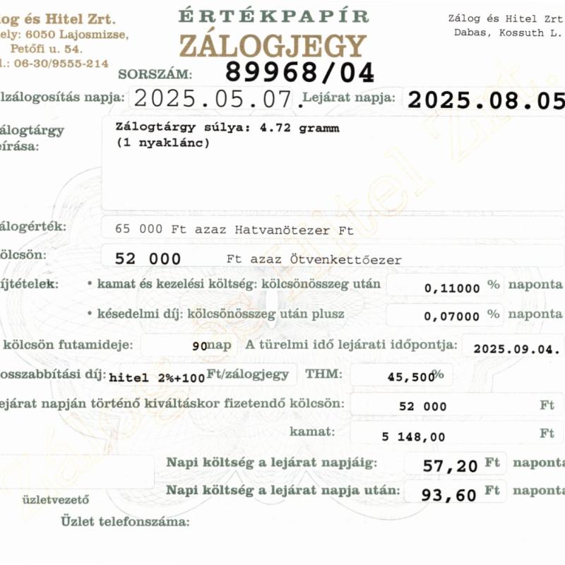 D-89968  sz. zálogjegy