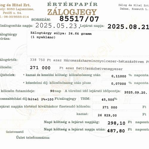 D-85517  sz. zálogjegy