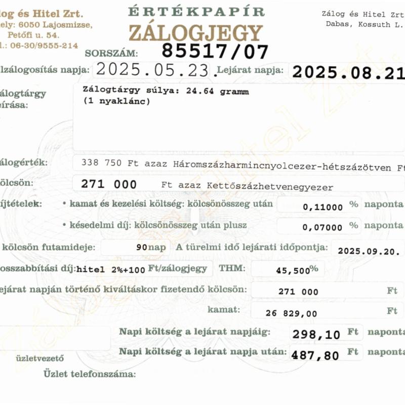 D-85517  sz. zálogjegy