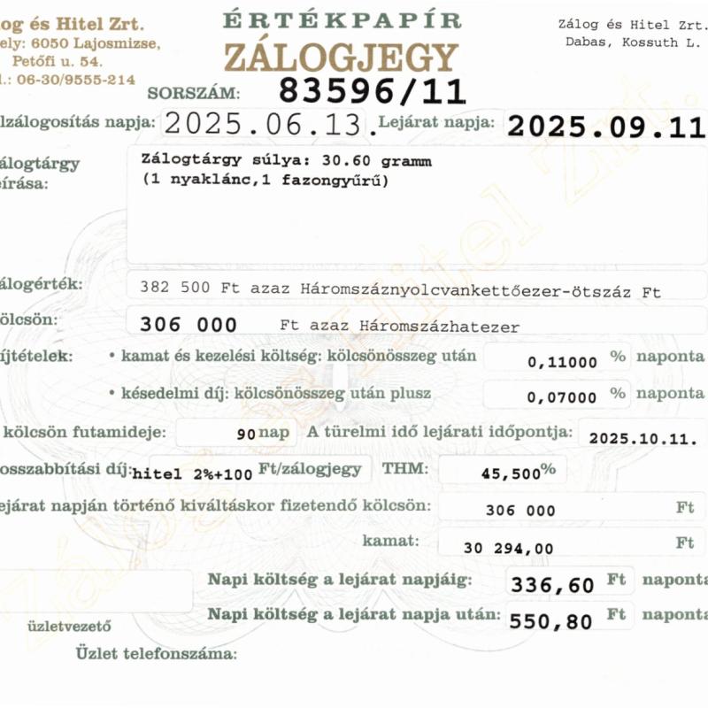 D-83596 sz. zálogjegy