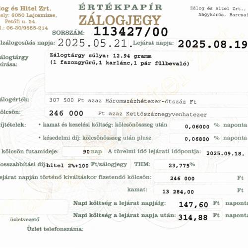 N-113427 sz. zálogjegy