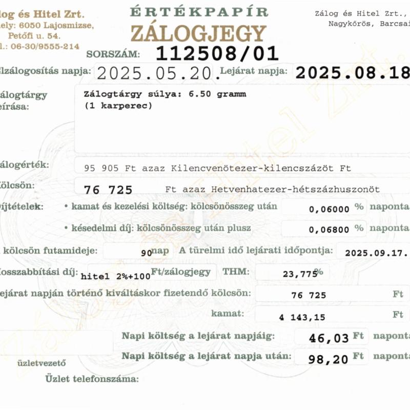 N-112508 sz. zálogjegy