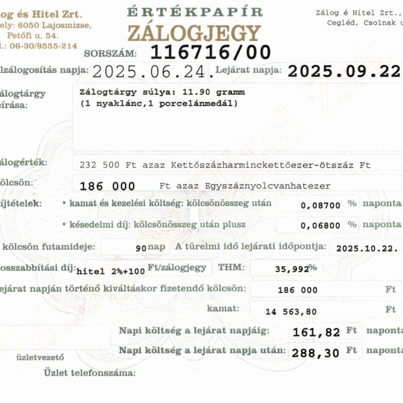 C-116716 sz. zálogjegy
