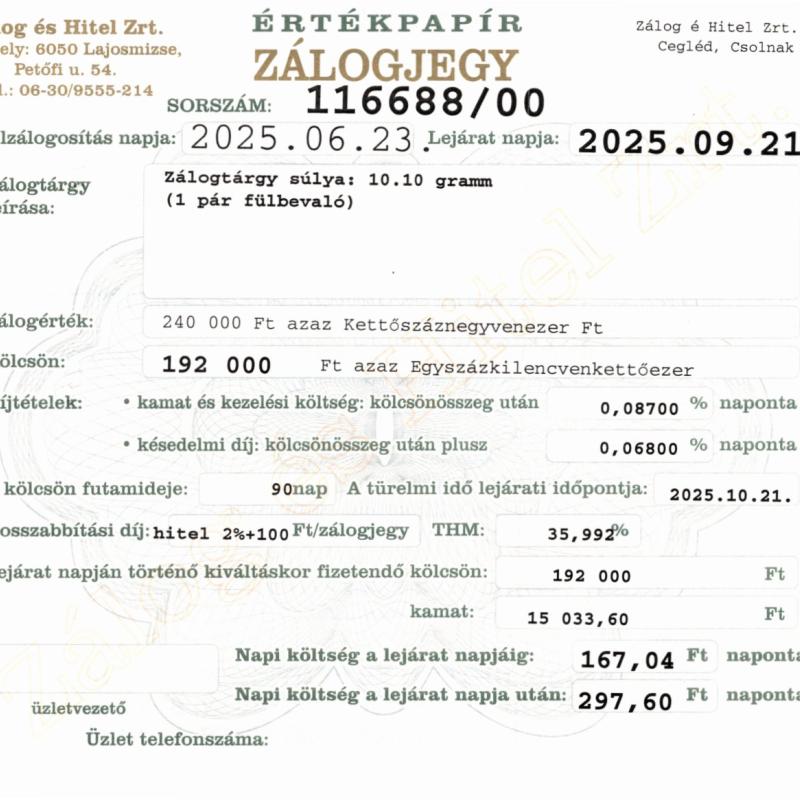 C-116688 sz. zálogjegy