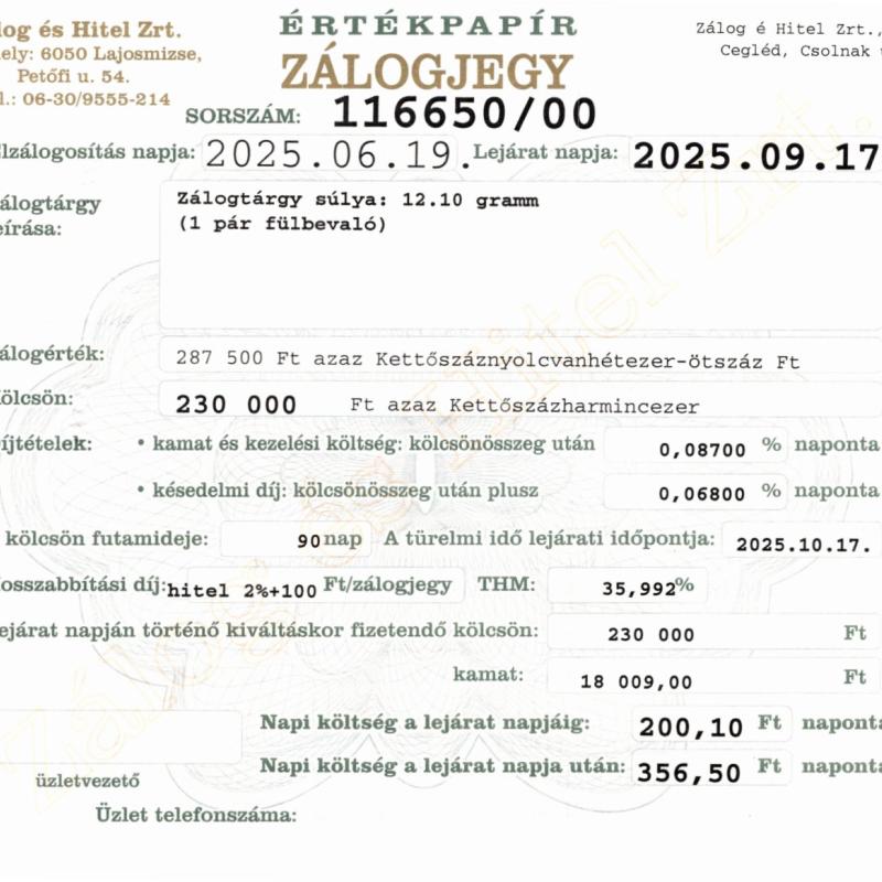 C-116650 sz. zálogjegy