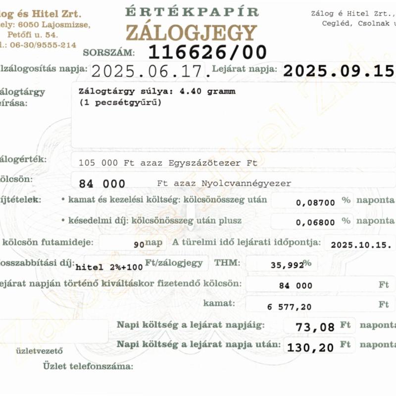 C-116626 sz. zálogjegy