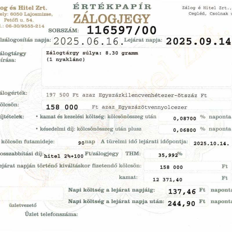 C-116597 sz. zálogjegy