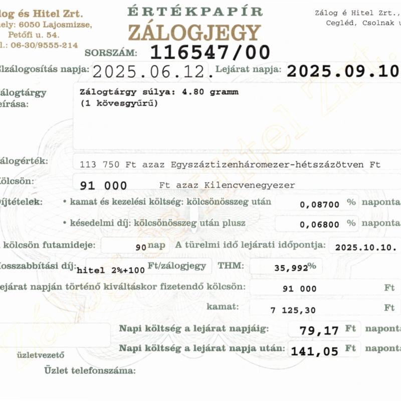 C-116547 sz. zálogjegy
