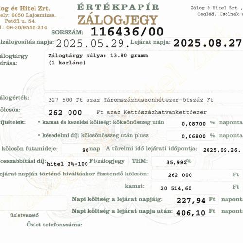 C-116436 sz. zálogjegy