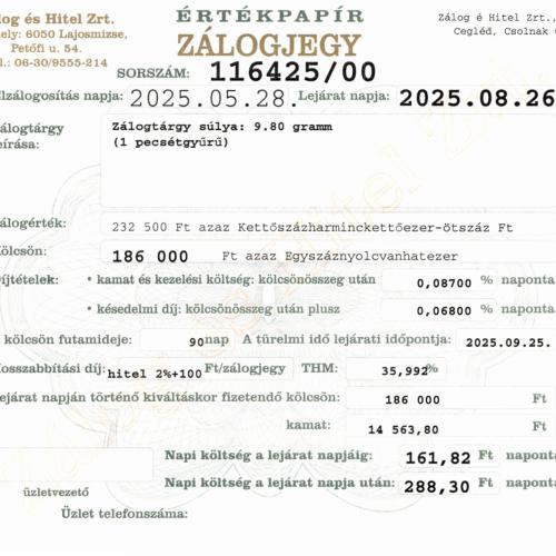 C-116425 sz. zálogjegy