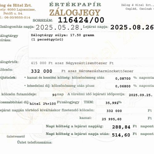 C-116424 sz. zálogjegy