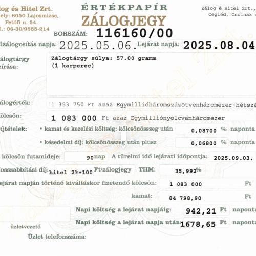 C-116160 sz. zálogjegy