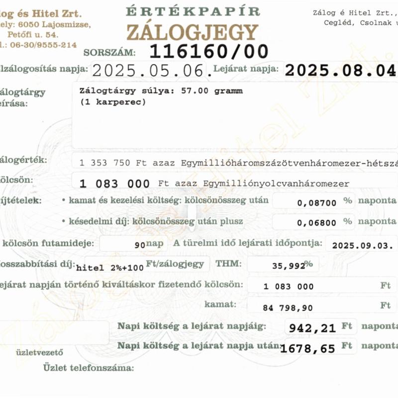C-116160 sz. zálogjegy