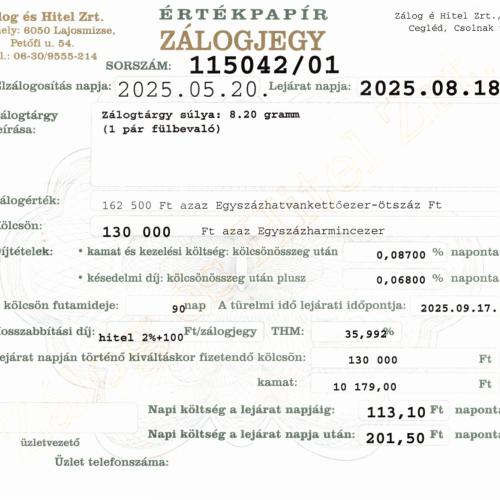 C-115042 sz. zálogjegy