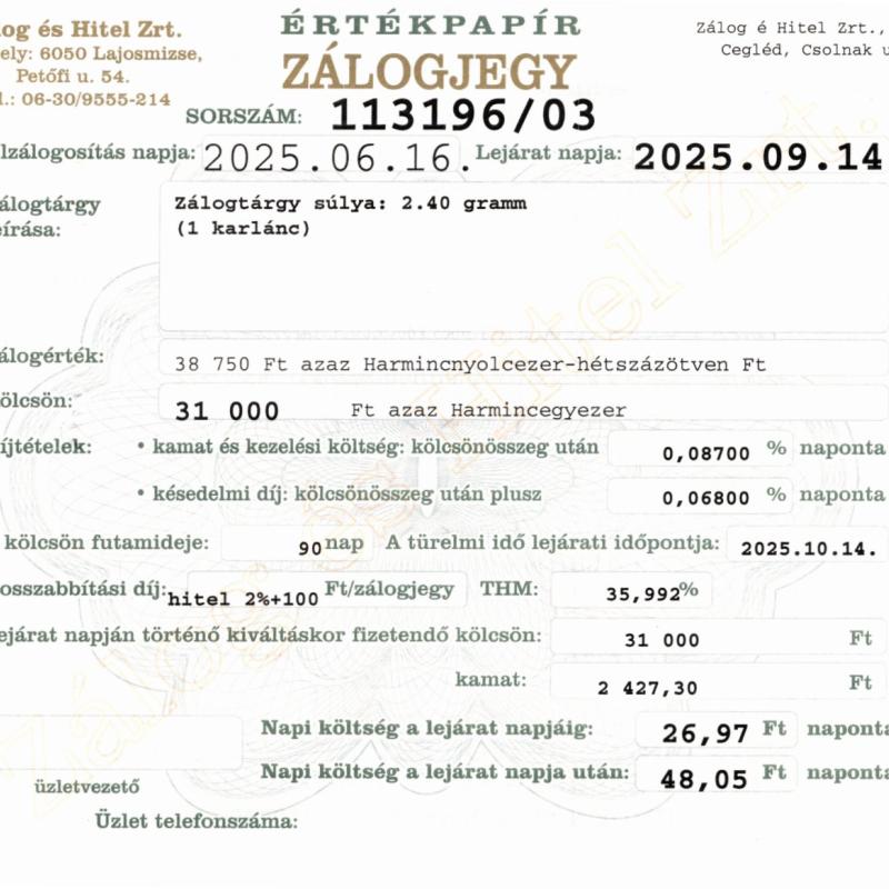 C-113196 sz. zálogjegy