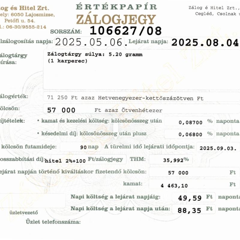 C-106627 sz. zálogjegy