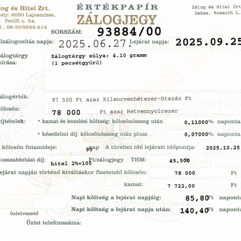 D-93884 sz. zálogjegy