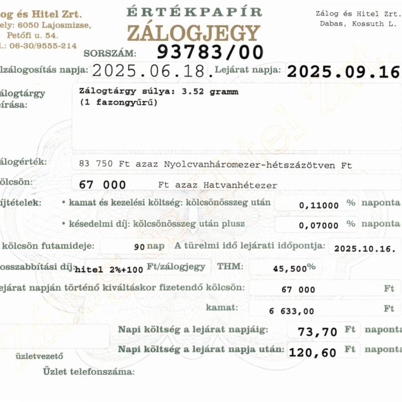 D-93783 sz. zálogjegy