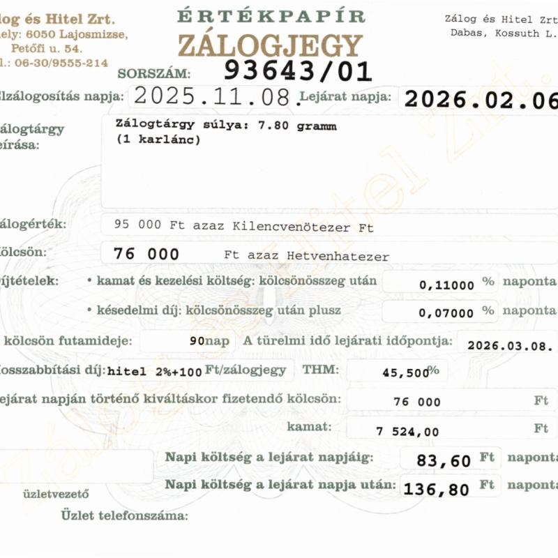 D-93643 sz. zálogjegy