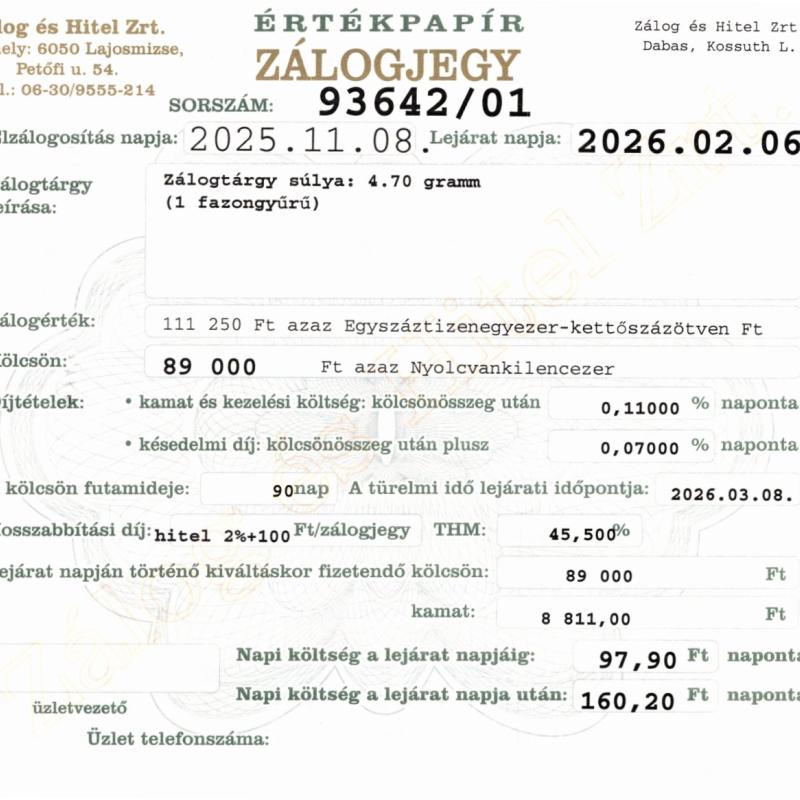 D-93642 sz. zálogjegy