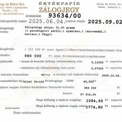 D-93634 sz. zálogjegy
