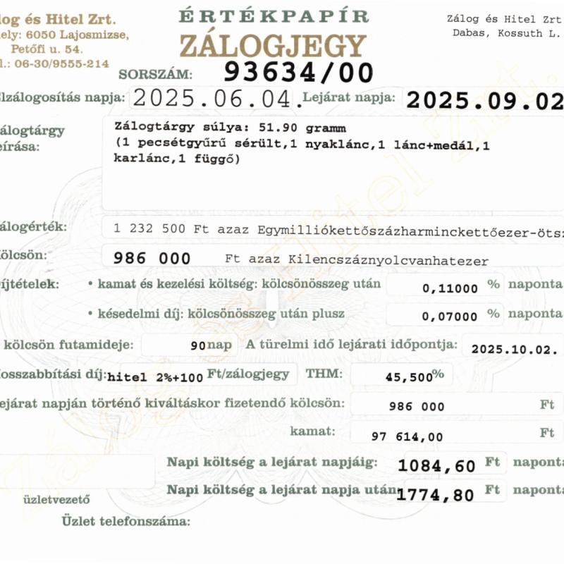 D-93634 sz. zálogjegy