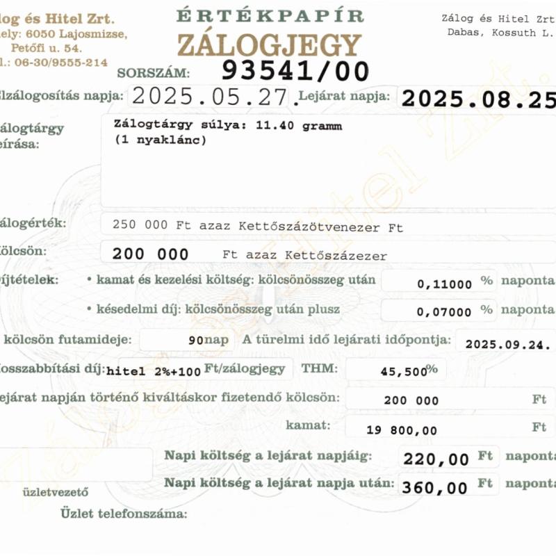 D-93541  sz. zálogjegy