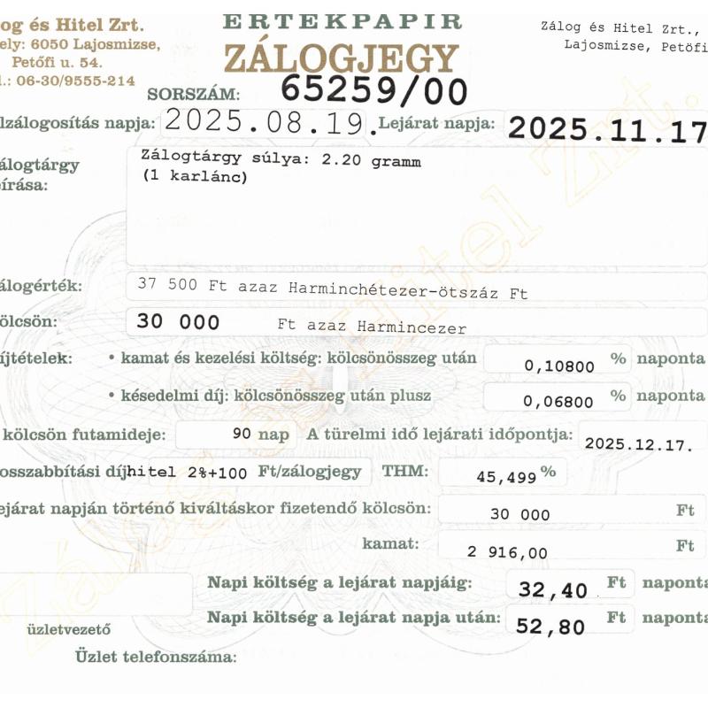 L-65259 sz. zálogjegy