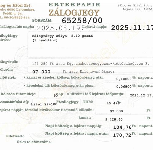 L-65258 sz. zálogjegy