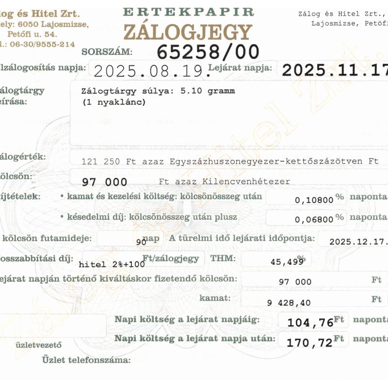 L-65258 sz. zálogjegy