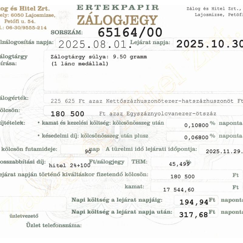 L-65164 sz. zálogjegy